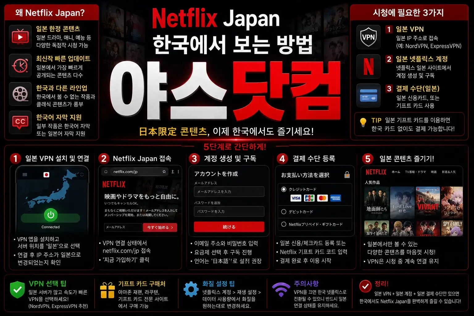 Netflix Japan 한국 시청 방법 5단계 안내 인포그래픽